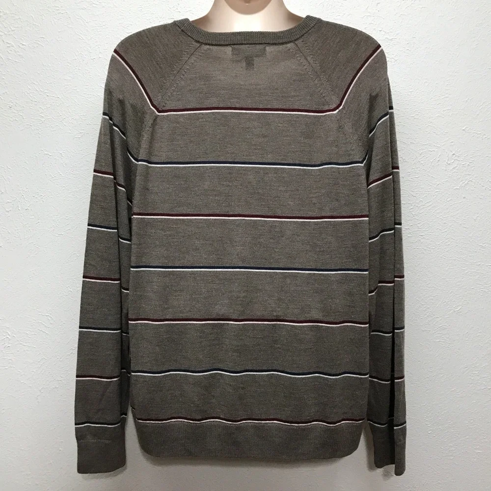 Banana Republic Sweater Mens XXL Brown Striped 100% Merino Wool Crewneck